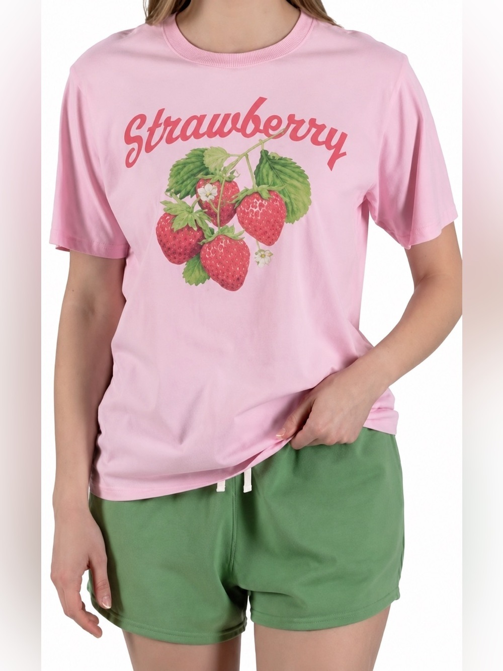 Pink 'Strawberry' Graphic Tee & Short Set with Red & Green Print 💚🍓🩷